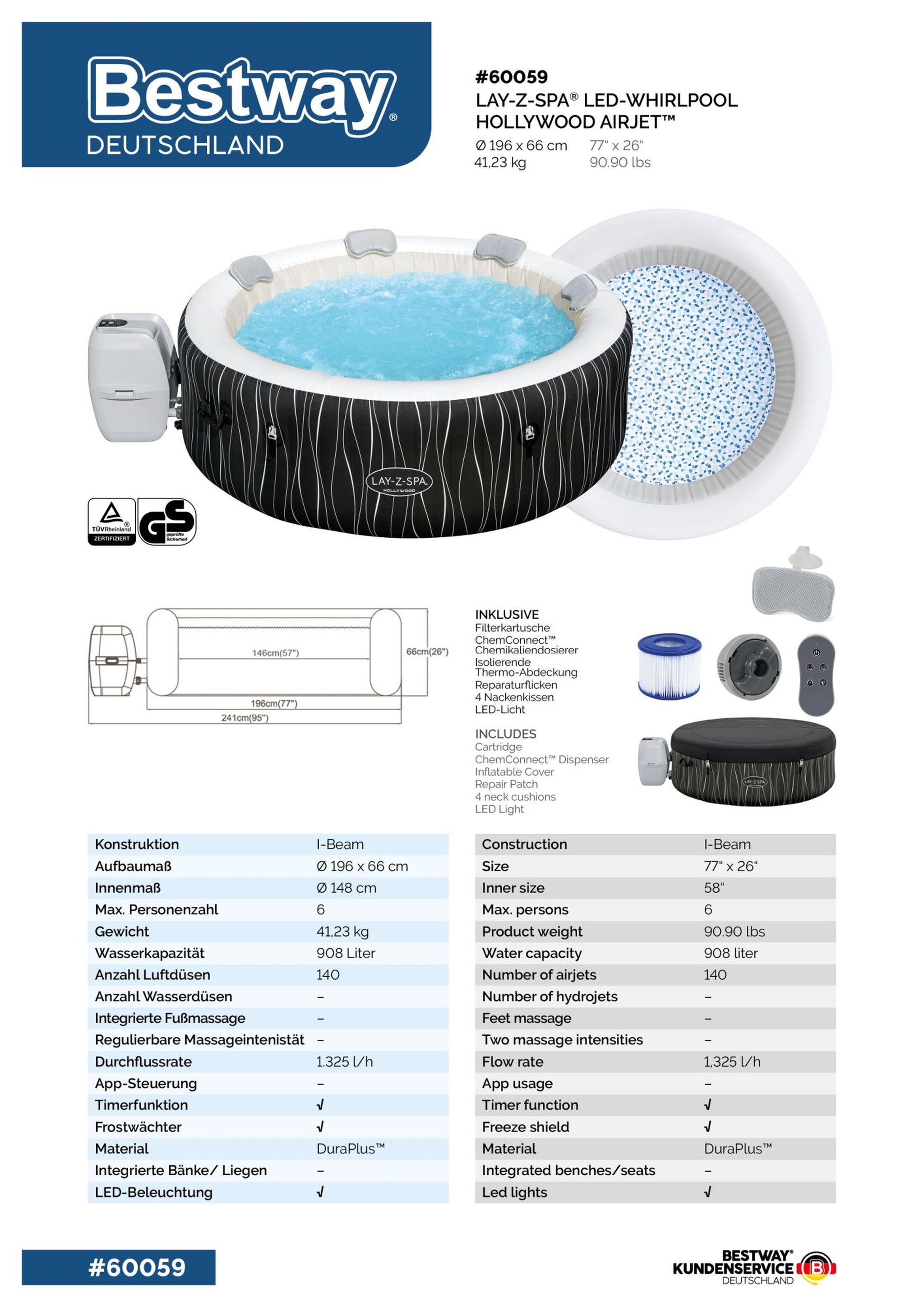 LAY-Z-SPA Hollywood AirJet LED-Whirlpool Ø 196 x 66 cm für 6 Personen LAY-Z-SPA Hollywood AirJet LED-Whirlpool Ø 196 x 66 cm für 6 Personen