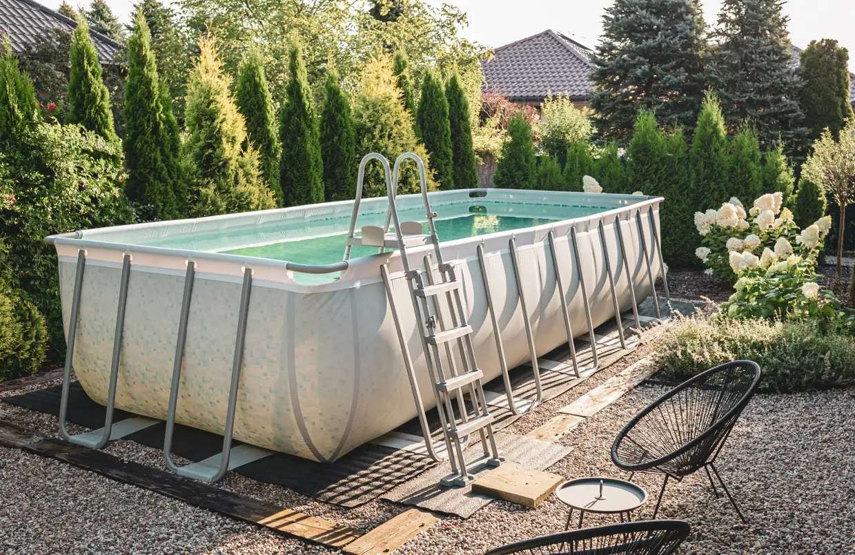 stahlrahmenpool im garten mit poolleiter